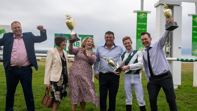 Hellava Babe owners, trainer and jockey at the Gatton Cup, Saturday, June 26, 2021. PHOTO: Ali Kuchel