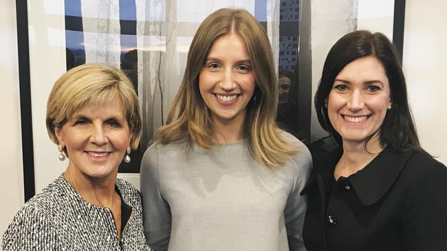 NEW BOSS: Federal Young Liberal Party vice president Jocelyn Sutcliffe with Former Foreign Minister Julie Bishop and Federal MP for Boothby Nicolle Flint. Picture: Supplied