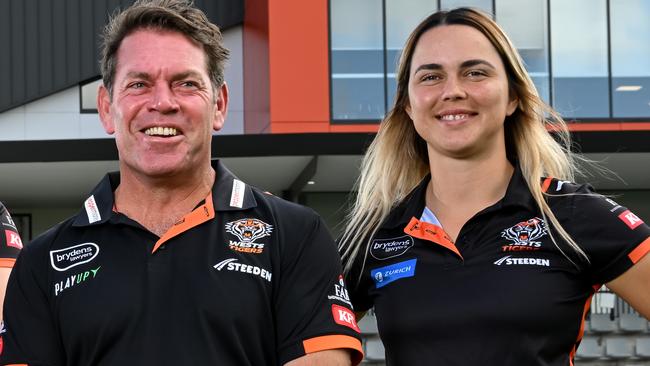 Sarah Togatuki, Kezie Apps, Brett Kimmorley (coach) and Botille Vette-Welsh will feature for the Wests Tigers NRLW side this year. Credit: NRL Images.