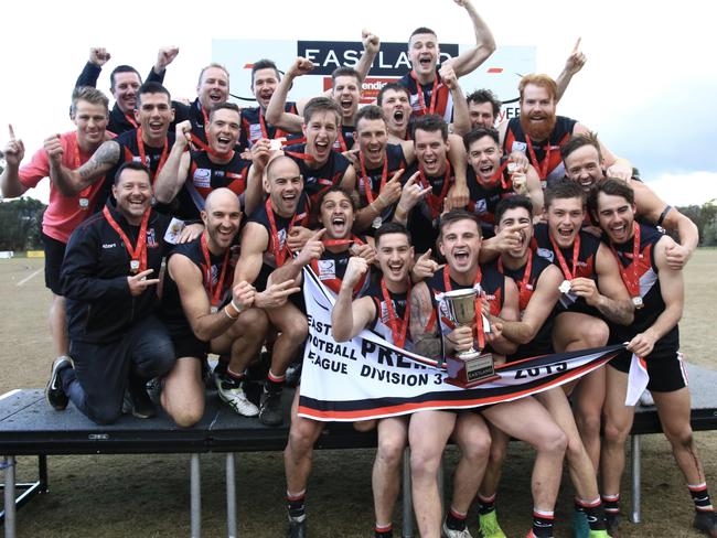 South Belgrave celebrates its EFL Division 3 premiership. Picture: Davis Harrigan