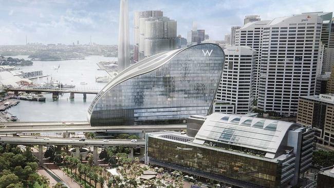 A render of the luxury W Hotel on Darling Harbour, which is scheduled to open in October.