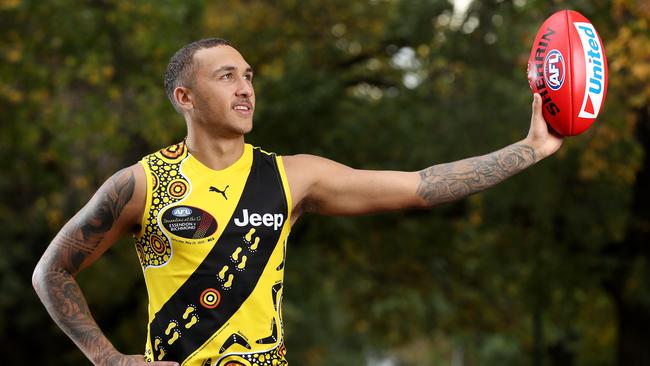 Richmond player Shai Bolton wearing the 2020 Dreamtime guernsey that he designed with his family. Picture: Michael Klein