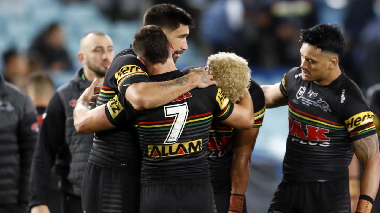 James Tamou consoles Nathan Cleary after the Panthers’ Grand Final loss.
