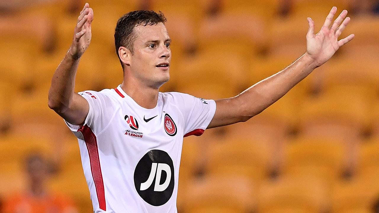 Oriol Riera of the Wanderers reacts after scoring against the Roar.