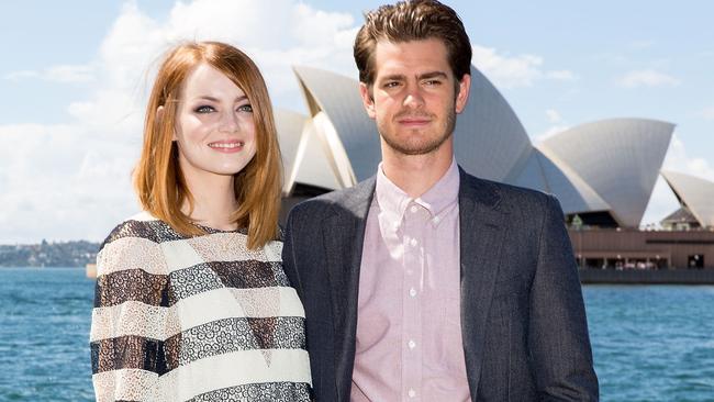 It’s a date ... Andrew Garfield with girlfriend and Spider-Man co star Emma Stone in Sydney last year. Picture: Caroline McCredie/Getty Images.