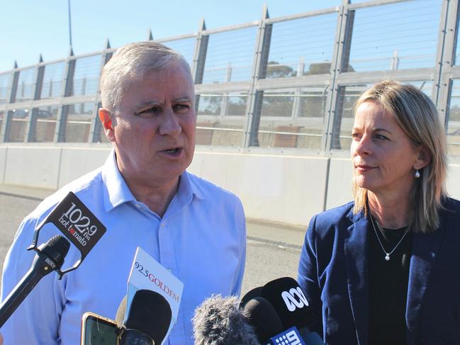 Deputy Prime Minister Michael McCormack and Member for Moncrieff Angie Bell at Reedy Creek for the press conference on upgrading the M1 at 9.47am. Picture: Luke Mortimer