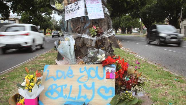 A memorial has appeared on the tree on Anzac Highway, that claimed the life of a 26 year old man. Picture Dean Martin