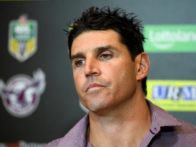 Sea Eagles coach Trent Barrett speaks during a press conference following  the Round 23 NRL match between the Manly-Warringah Sea Eagles and the Gold Coast Titans at Lottoland in Sydney, Friday, August 17, 2018. (AAP Image/Dan Himbrechts) NO ARCHIVING, EDITORIAL USE ONLY