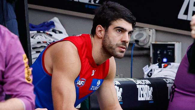 Christian Petracca’s family are reportedly unhappy with how Melbourne has handled the superstar’s internal injuries that have ended his season (Photo by Dylan Burns/AFL Photos via Getty Images)