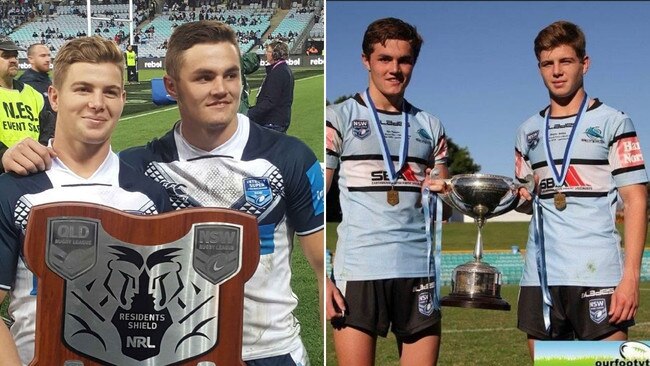 (L) Brailey and Flanagan with the NSW Residents trophy in 2018 and (R) with the 2015 SG Ball trophy.