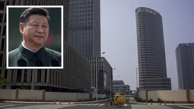 Chinese President Xi Jinping; Unfinished buildings and vacant streets in Xiangluo Bay, referred to as a “ghost city”.