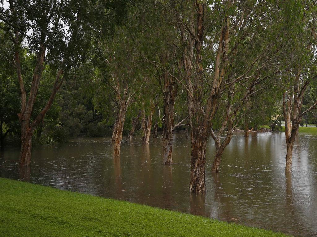 A park in Murarrie is flooded after heavy rain fell overnight in Brisbane. Picture: Tertius Pickard