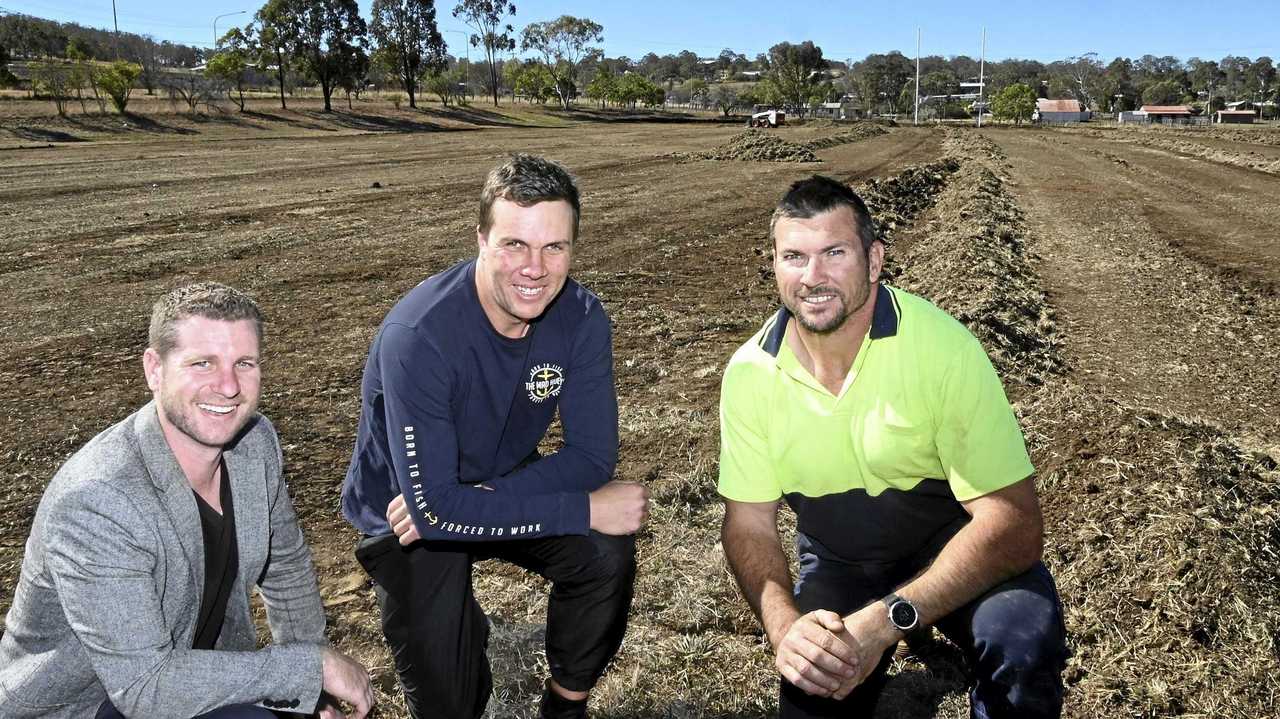 NEW BEGINNINGS: Members of the Newtown Rugby League Club (from left) Robbie Witt, Cameron Moodie and Paul Dolley inspect the ground at the Jack Martin Memorial Complex. Picture: Bev Lacey