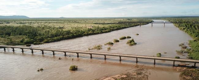 Local drone owner Mick Blacklock took this photo of the Burdekin River at Macrossan on Sunday, when the Bureau of Meteorology reported the river height as 6.5m. He said the drone was about 60m in the air, the photograph capturing the full expanse of the flood.