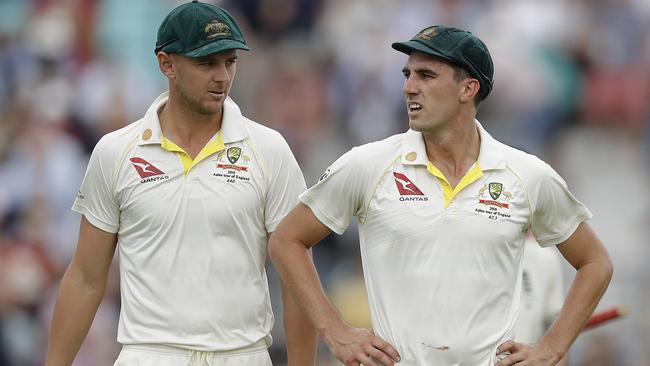 Josh Hazlewood and Pat Cummins won’t have touched a red or pink ball for close to 12 months. Picture: Ryan Pierse/Getty