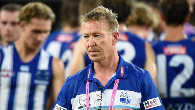 GOLD COAST, AUSTRALIA - MARCH 27: Senior coach David Noble looks on during the round 2 AFL match between the Gold Coast Suns and the North Melbourne Kangaroos at Metricon Stadium on March 27, 2021 in Gold Coast, Australia. (Photo by Matt Roberts/AFL Photos/via Getty Images)