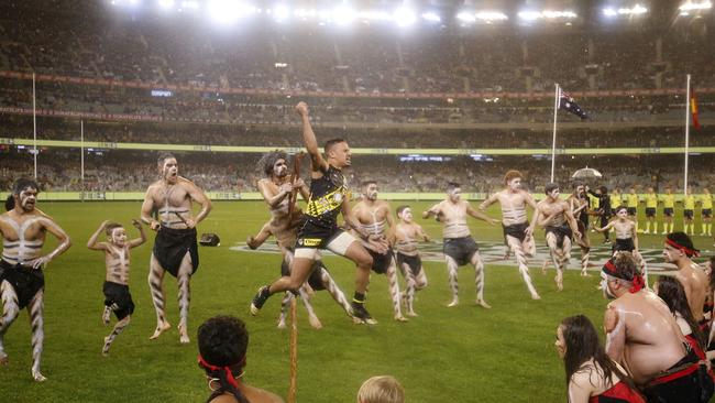 Sydney Stack led the war cry in the 2019 edition of the Dreamtime game — just his eighth game. Picture: Getty Images