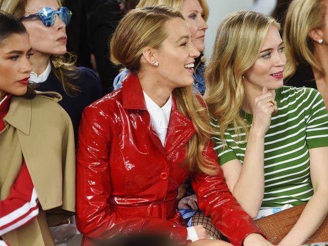 Blake Lively and Emily Blunt chatted during the runway presentation, held at the Lincoln Centre. Picture: Getty Images