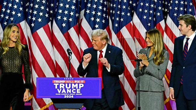 Former US President and Republican presidential candidate Donald Trump dances after speaking during an election night event at the West Palm Beach Convention Center in West Palm Beach, Florida. Picture: AFP