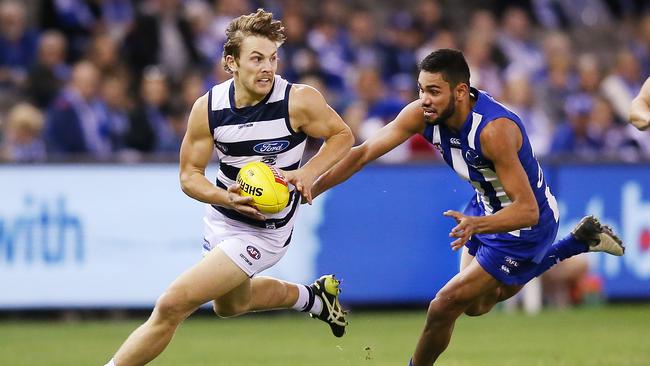 Tarryn Thomas playing against the Cats in 2019. Picture: Michael Dodge/Getty Images