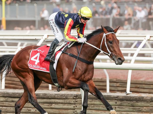 Goldrush Guru wins the Victoria Derby at Flemington. Picture: Morgan Hancock/Racing Photos via Getty Images