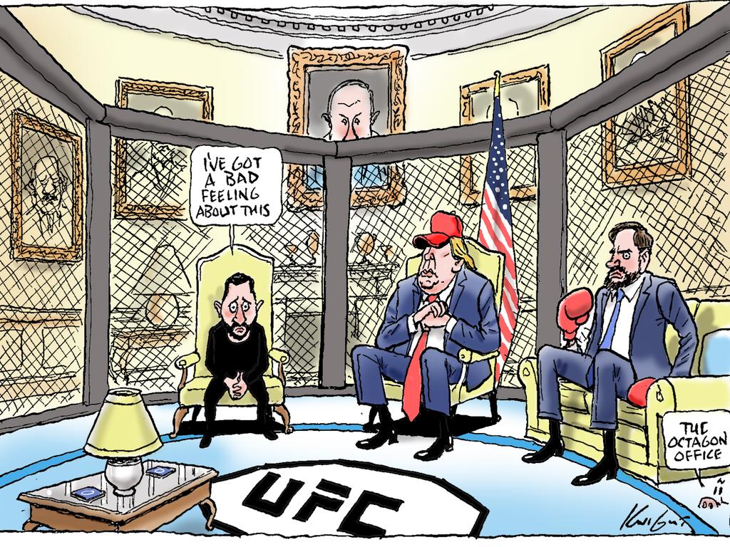 Mark Knight evokes the UFC ring in his cartoon capturing the mood in the Oval Office during the now infamous meeting between the Ukraine's President Zelenskyy and American duo of President Trump and Vice President Vance. Picture: Mark Knight