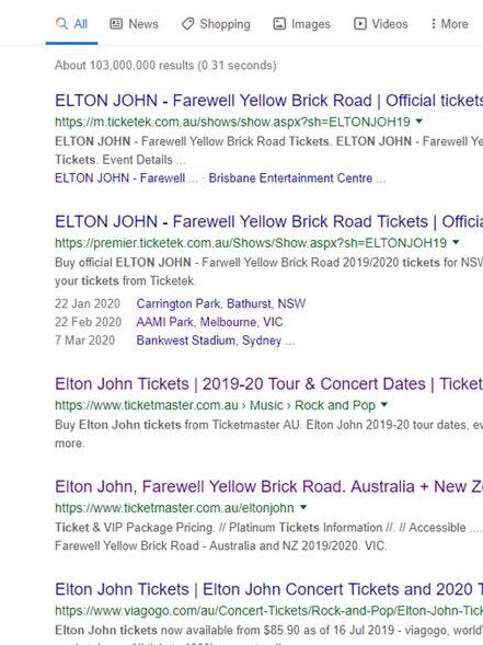 Elton John tour Google search today. Pic: supplied