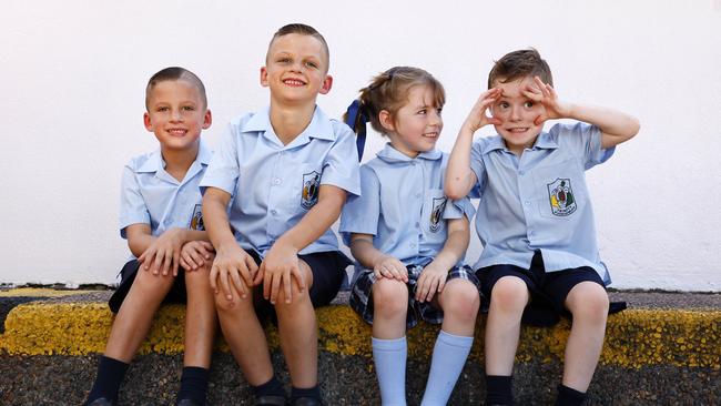 Two sets of twins are starting Kindy at Trinity Catholic Primary School in Kemps Creek this year. From left are Jacob and Noah Pajak, and Eleanor and Oliver Nunes. Picture: Jonathan Ng