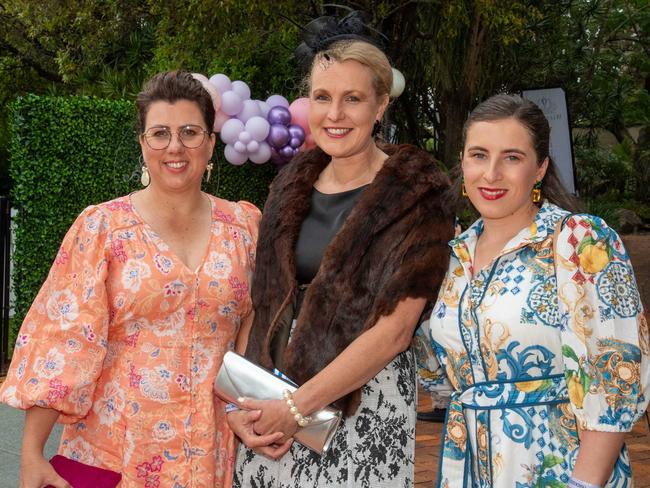 (From left) Alisa Panzram, Emma Ziviant and Ebony Panzram. Weetwood Raceday at Toowoomba Turf Club. Saturday, September 28, 2024. Picture: Nev Madsen.