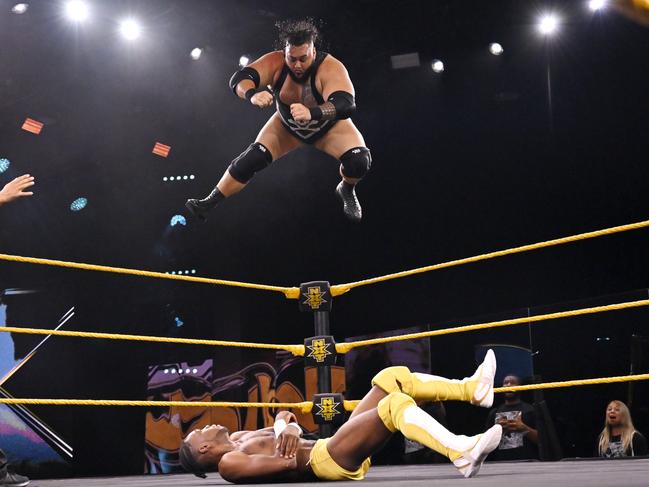 Jermaine “Bronson Reed” Haley in action for professional wrestling giant WWE’s talent development brand NXT. Picture: WWE.