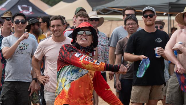 Dr Jon Avotins in Men’s Slappa’s Thong Throw at the Darwin Beer Can Regatta at Mindil Beach, 2023. Picture: Pema Tamang Pakhrin