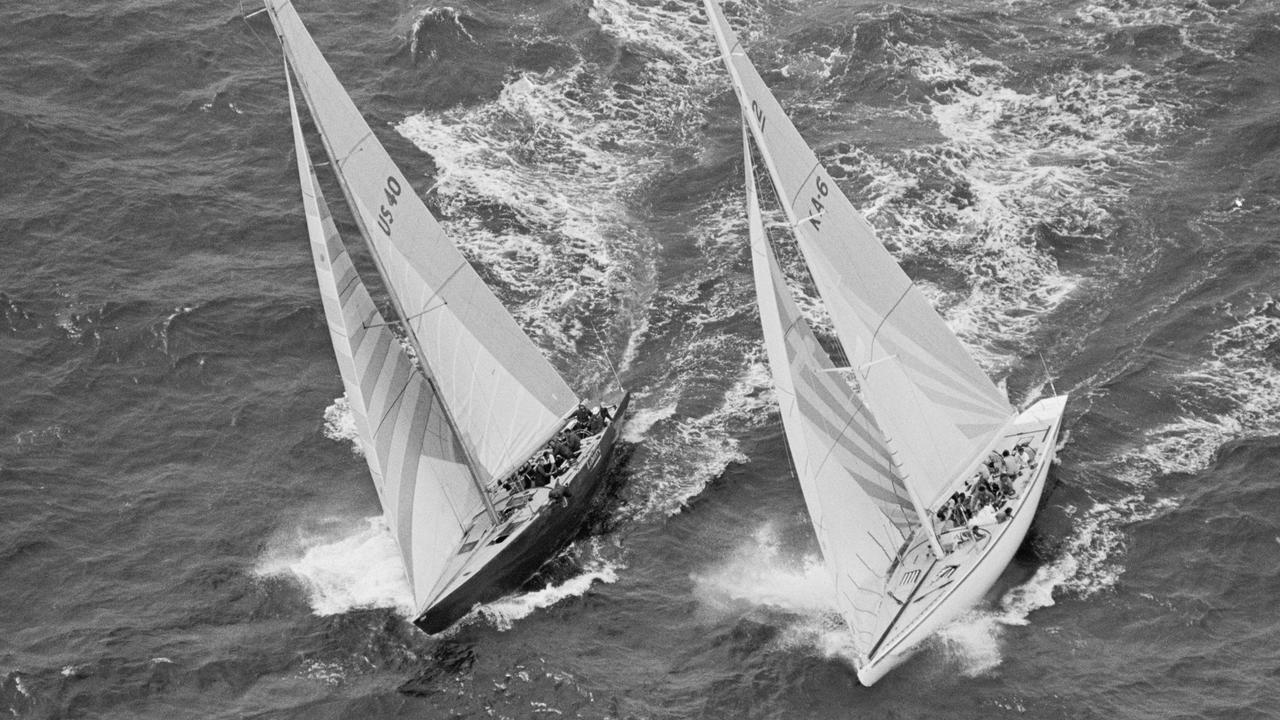 The American 12-meter yacht Liberty (left) and the Australian challenger Australia II off Newport back in 1983.