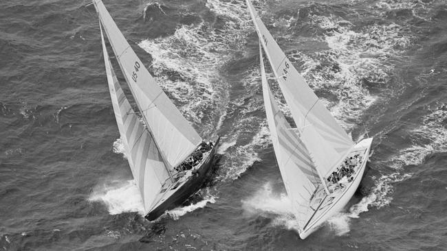 The American 12-meter yacht Liberty (left) and the Australian challenger Australia II off Newport back in 1983.