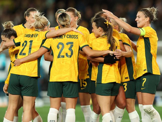 MELBOURNE, AUSTRALIA - JULY 14: Matildas celebrate a goal during the International Friendly match between the Australia Matildas and France at Marvel Stadium on July 14, 2023 in Melbourne, Australia. (Photo by Mackenzie Sweetnam/Getty Images)