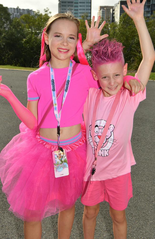 Socials at Pink convert at Townsville's Queensland Country Bank Stadium. Kiahna, 11, and Aiden Anderson, 7. Picture: Evan Morgan