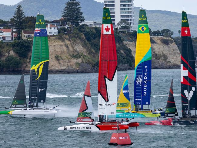 Australia SailGP Team helmed by Tom Slingsby ahead of Canada NorthStar SailGP Team, Mubadala Brazil SailGP Team and Switzerland SailGP Team ahead of the Emirates Dubai Sail Grand Prix presented by P&O Marinas in Dubai, UAE. Friday 17 January 2025. Photo: Brett Phibbs for SailGP. Handout image supplied by SailGP