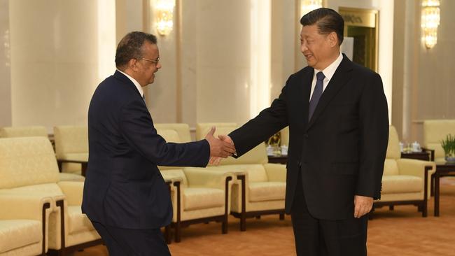 World Health Organisation director general Tedros Adhanom shakes hands with Chinese President Xi Jinping before a meeting at the Great Hall of the People in Beijing on January 28, 2020. Picture: AFP