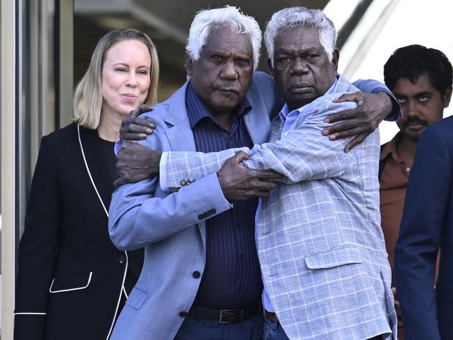 CANBERRA, AUSTRALIA  - NewsWire Photos - MARCH 12 2025: Senior Gumatj man Jawa Yunupingu, Yothu Yindi Foundation chairman,Lawyer Sean Bowden and Balupalu Yunupingu leave the High Court of Australia in Canberra after winning the landmark court case of his late brother Galarrwuy Yunupingu. Picture: NewsWire / Martin Ollman