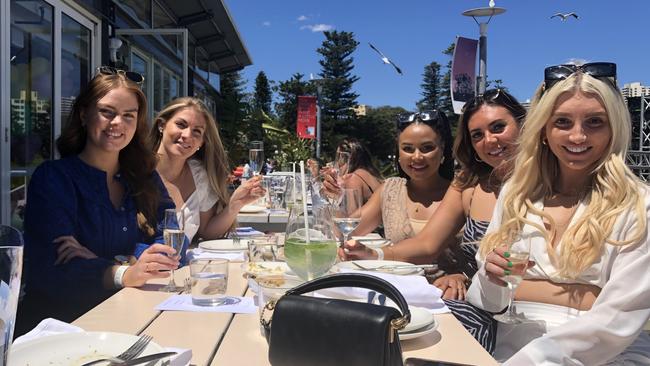 (Left to right) Ellen Walsh, Angela Stephan, Tara Magwenzi, Emily Jackson and Holly Moore, all from Bondi, at the Manly Wharf Bar for the 2022 Melbourne Cup event. Picture: Jim O'Rourke