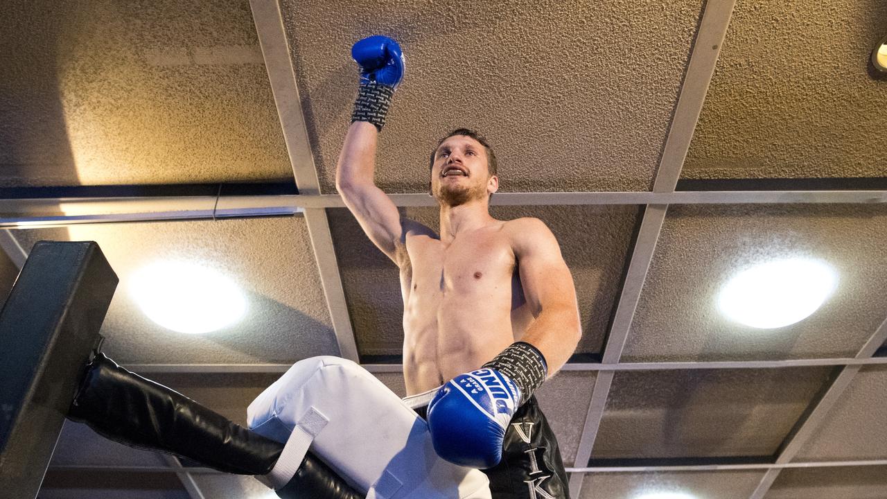 Steve Spark celebrates his IBF Australasian super lightweight title win over James MacDonald at Rumours International. Picture: Nev Madsen