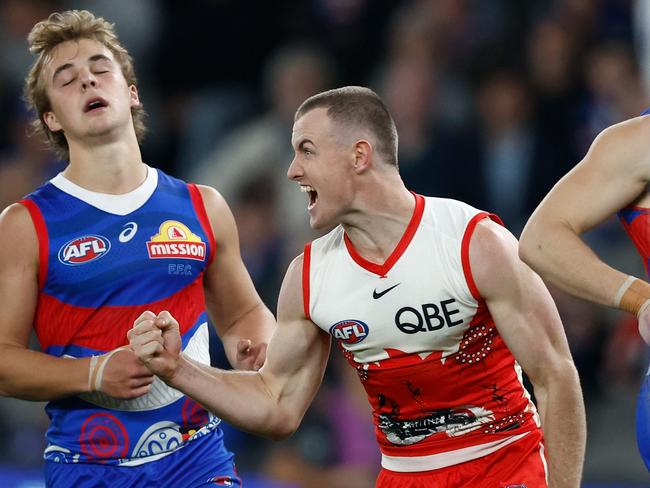 MELBOURNE, AUSTRALIA - MAY 23: Chad Warner of the Swans celebrates a goal during the 2024 AFL Round 11 match between the Western Bulldogs and the Sydney Swans at Marvel Stadium on May 23, 2024 in Melbourne, Australia. (Photo by Michael Willson/AFL Photos via Getty Images)