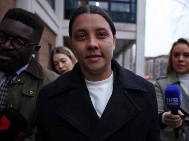 KINGSTON UPON THAMES, ENGLAND - JANUARY 14: Australian football star Sam Kerr departs Kingston Crown Court after a pre-trial hearing on January 14, 2025 in Kingston upon Thames, England. The Matildas star, who also plays professionally for Chelsea in the Women's Super League, is facing charges of "racially aggravated harassment" of a police officer related to an incident in Twickenham on January 30, 2023. The long delayed trial is scheduled to start next month. (Photo by Dan Kitwood/Getty Images)