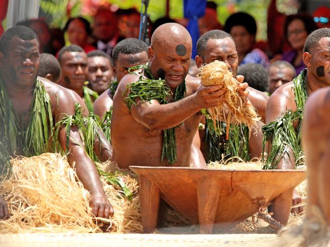 The Duke and Duchess of Sussex Prince Harry and Meghan take part in a traditional fijian ceremony at Nadi Airport in Fiji to . Picture: Nathan Edwards