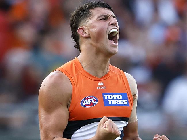 Giants Finn Callaghan celebrates kicking a goal during the AFL Opening Round match between the GWS Giants and Collingwood Magpies at Engie Stadium on March 9, 2025. Photo by Phil Hillyard (Image Supplied for Editorial Use only - **NO ON SALES** - Â©Phil Hillyard )