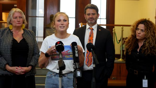 Child sexual abuse survivor and advocate Grace Tame speaks in Adelaide with (from left) Greens MLC Tammy Franks, South Australian Attorney-General Kyam Maher and SA-BEST MLC Connie Bonaros. Picture: NCA NewsWire / Kelly Barnes