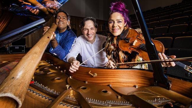 Queensland Symphony Orchestra chief conductor Umberto Clerici flanked by William Barton and Veronique Serret. Picture: Nigel Hallett