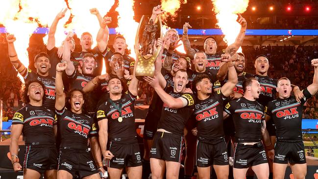 SYDNEY, AUSTRALIA - OCTOBER 01: The Panthers players celebrate victory as the hold up the premiership trophy after the 2023 NRL Grand Final match between Penrith Panthers and Brisbane Broncos at Accor Stadium on October 01, 2023 in Sydney, Australia. (Photo by Bradley Kanaris/Getty Images)