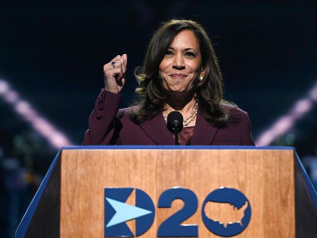 Senator from California and Democratic vice presidential nominee Kamala Harris speaks during the third day of the Democratic National Convention. Picture: AFP