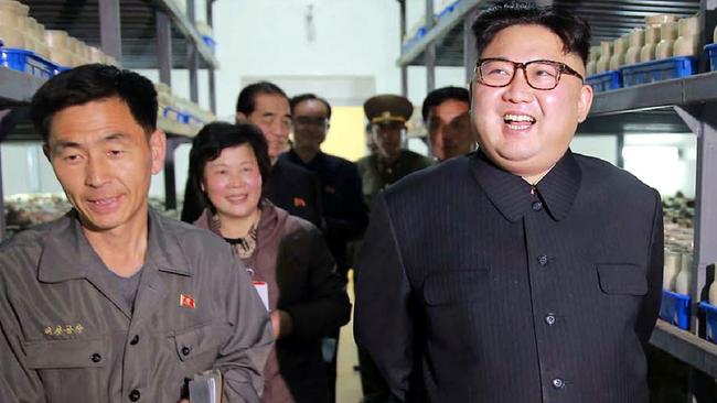 North Korean leader Kim Jong-un (right) visiting the Pyongyang Mushroom Farm. Picture: Korean Central News Agency/AFP Photo