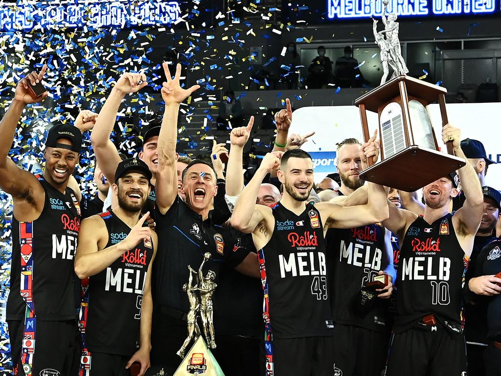 The Melbourne United takes out last year’s NBL Grand Final Series against the Perth Wildcats at John Cain Arena. Picture: Getty Images